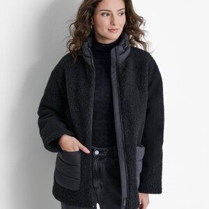 NWT DKNY Women's Faux-Shearling Contrast Stand-Collar Jacket XL